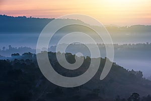 Beautiful green hills glowing warm sunrise,Dramatic shine silhouette tree colorful warm above mountain