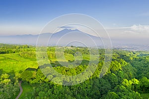 Beautiful green hills with misty mountain view