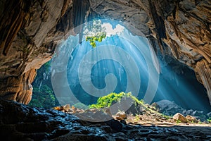 Beautiful green karst cave inside mountain, entrance of cavern with geological structures and light. Theme of travel, wild nature