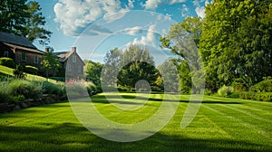 A beautiful green lawn with trees and shrubs