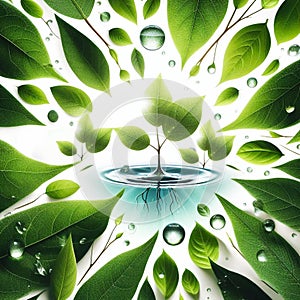 Beautiful Green Leaves background, Leaves Pattern, Luminous Water Drops on Green Leaves, Leaf With Water Drop Isolated