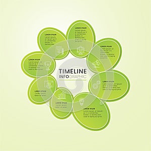 beautiful green leaves Timeline Infographic with 8 elements template Business circles template with options.