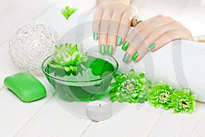 Beautiful green manicure with chrysanthemum and towel on the white wooden table. spa