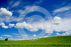 Beautiful green meadow with blue sky, clean environment background.