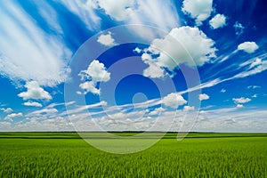 Beautiful green meadow with blue sky, clean environment background.