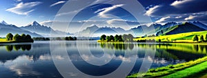 Beautiful Green Meadow And Mountain Landscape Reflection For Background
