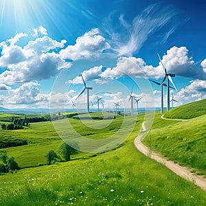 Beautiful green meadow with wind turbines generating electricity