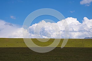 Beautiful green mountain valley with blue cloudy sky on background. Spring farm field landscape. Outdoor landscape. Sunset light.