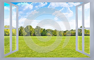 Beautiful green mowed lawn with trees and sky on background seen through a window - concept image