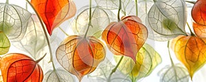 Beautiful green and orange Chinese Lantern plant. Elegant translucent capsules of Physalis on white background. Generative AI