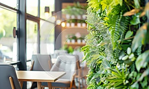 Beautiful green plants wall close up in restaurant with huge wall windows, and eco-friendly furniture.