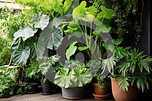 Beautiful green potted plants in balcony apartment.