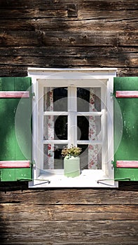 Beautiful green shutters and white window on typical and traditional austrian alpine wooden house - Salzkammergut