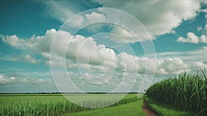 Beautiful Green Sugar Cane Plantation on Blue Cloudy Sky. Cultivated Field Landscape at Farmland in Brazil.