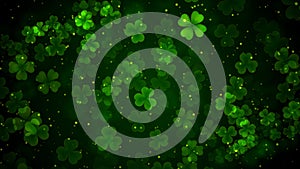 Beautiful Green Three And Four Leaf Clover Bokeh Light With Glitter Dust Background For St Patrick`s Day