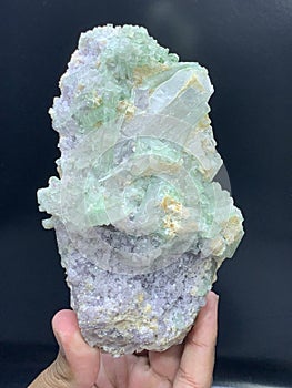 Beautiful green tourmaline elbaite bluster with lepidolite and quartz mineral specimen from Afghanistan