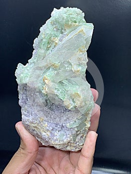 Beautiful green tourmaline elbaite bluster with lepidolite and quartz mineral specimen from Afghanistan