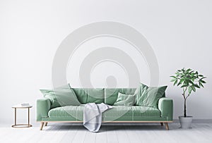 Beautiful green velvet sofa in modern interior space. White  wall background with wooden frame