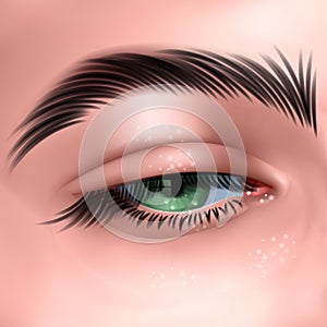 Beautiful green woman`s eye, with long cilia, eye in realistic style, vector illustration