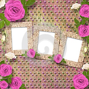 Beautiful greeting card with bouquet of pink roses, ribbons