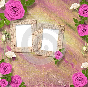 Beautiful greeting card with bouquet of pink roses, ribbons