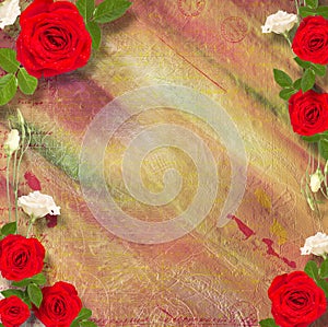 Beautiful greeting card with bouquet of red roses, ribbons