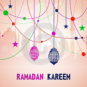 Beautiful greeting card design decorated with floral lanterns and stars on mosque silhouetted background for Islamic holy month