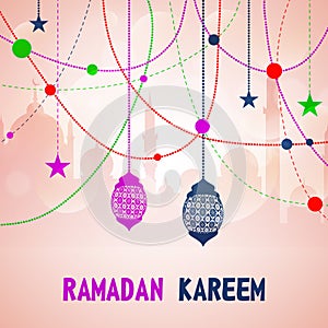 Beautiful greeting card design decorated with floral lanterns and stars on mosque silhouetted background for Islamic holy month