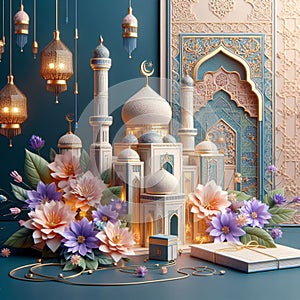Beautiful greeting card for Eid Mubarak festival with shiny Mosque and Masjid.