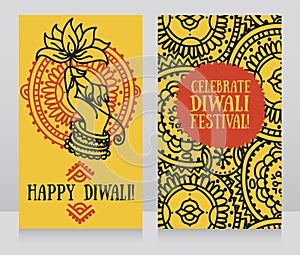 Beautiful greeting cards for diwali festival with indian god`s hand and lotus