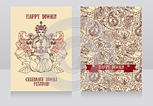 Beautiful greeting cards for diwali festival with indian goddess Lakshmi