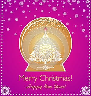 Beautiful greeting craft card in viva magenta color with golden globe, Christmas decorative white tree and snowflakes