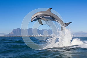 Beautiful grey dolphin jumping above water. Generative AI