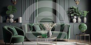 Beautiful Grey green living room design. Generative AI