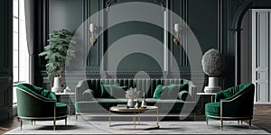 Beautiful Grey green living room design. Generative AI
