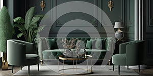 Beautiful Grey green living room design. Generative AI