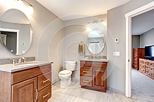 Beautiful grey new modern bathroom interior.