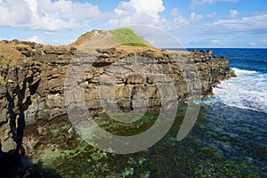 Beautiful Gris-Gris cape with blue sky and Indian ocean waves at Mauritius island.