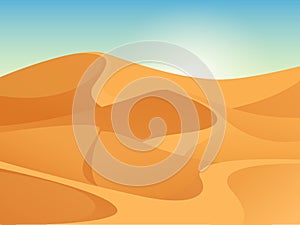 Beautiful gritty landscape of sahara desert. Vector background with sunrise, yellow sands dunes and blue sky. photo