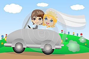 Beautiful groom with fiancee go in a wedding trip on a car