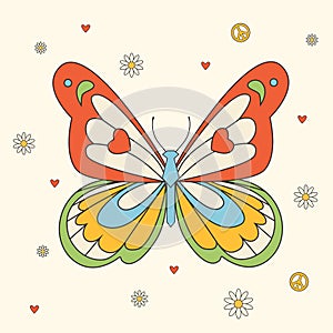 Beautiful groovy butterfly vector hand drawn illustration. Stock pop clip art in Hippie 60s 70s style. Peace. Pacific.