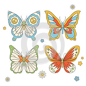 Beautiful groovy butterfly vector hand drawn illustrations set. Stock pop clip art in Hippie 60s 70s style. Peace