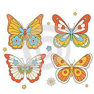 Beautiful groovy butterfly vector hand drawn illustrations set. Stock pop clip art in Hippie 60s 70s style. Peace