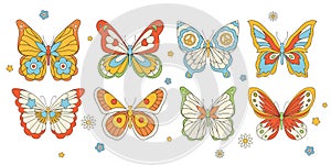 Beautiful groovy butterfly vector hand drawn illustrations set. Stock pop clip art in Hippie 60s 70s style. Peace