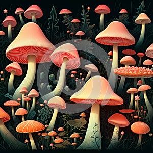 Beautiful group of mushrooms. Close-up of mushrooms in a forest.