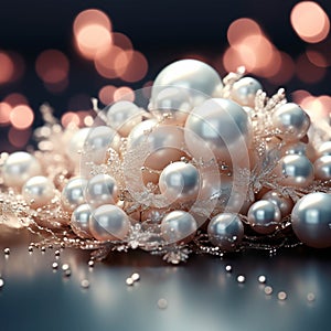 Beautiful group of shiny pearls with jewelry on soft background with sparkles. Abstract luxury jewelry background for packaging,