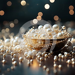 Beautiful group of shiny pearls on soft background with sparkles and light beams with copy space.