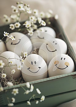 Beautiful group of smiling eggs stored in wooden box happy to see you this morning. Calm decoration with lace tablecloth and