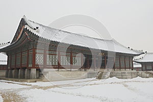 Beautiful gyeongbok palace in soul, south korea - under snow, winter