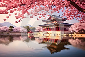 Beautiful Gyeongbokgung Palace in Seoul, South Korea, Gyeongbokgung palace with cherry blossom tree in spring time in seoul city